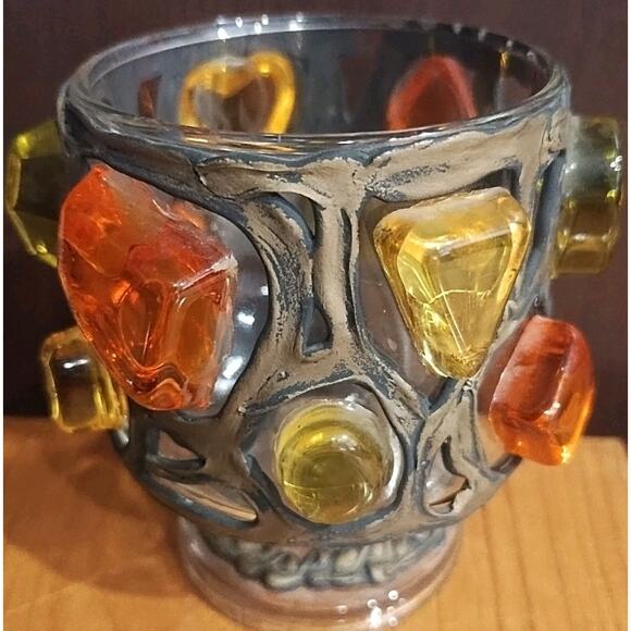 Vintage Stained glass Bead Votive Candle Holder 70s orange yellow green goblet - Picture 4 of 7